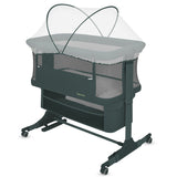 Patut co-sleeper, Lionelo, Jodie, Multifunctional, Reglabil in 6 pozitii pe inaltime, Saltea cu densitate T25, Functie de leganare, Cu plasa de tantari, Buzunar depozitare, Geanta transport, 84x48x70-80 cm, Verde inchis