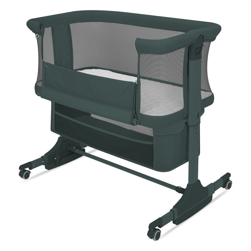 Patut co-sleeper, Lionelo, Jodie, Multifunctional, Reglabil in 6 pozitii pe inaltime, Saltea cu densitate T25, Functie de leganare, Cu plasa de tantari, Buzunar depozitare, Geanta transport, 84x48x70-80 cm, Verde inchis