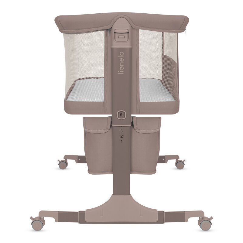 Patut co-sleeper, Lionelo, Jodie, Multifunctional, Reglabil in 6 pozitii pe inaltime, Saltea cu densitate T25, Functie de leganare, Cu plasa de tantari, Buzunar depozitare, Geanta transport, 84x48x70-80 cm, Taupe