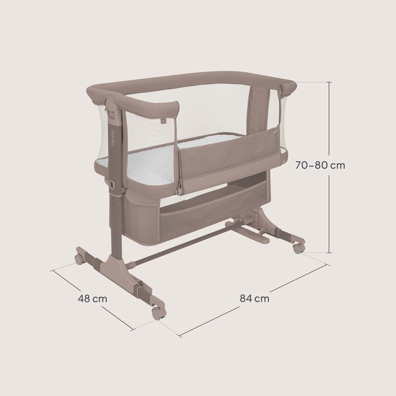 Patut co-sleeper, Lionelo, Jodie, Multifunctional, Reglabil in 6 pozitii pe inaltime, Saltea cu densitate T25, Functie de leganare, Cu plasa de tantari, Buzunar depozitare, Geanta transport, 84x48x70-80 cm, Taupe