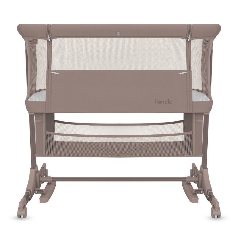 Patut co-sleeper, Lionelo, Jodie, Multifunctional, Reglabil in 6 pozitii pe inaltime, Saltea cu densitate T25, Functie de leganare, Cu plasa de tantari, Buzunar depozitare, Geanta transport, 84x48x70-80 cm, Taupe