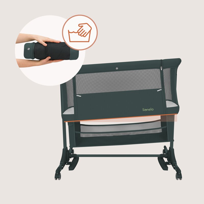 Patut co-sleeper, Lionelo, Jodie, Multifunctional, Reglabil in 6 pozitii pe inaltime, Saltea cu densitate T25, Functie de leganare, Cu plasa de tantari, Buzunar depozitare, Geanta transport, 84x48x70-80 cm, Verde inchis