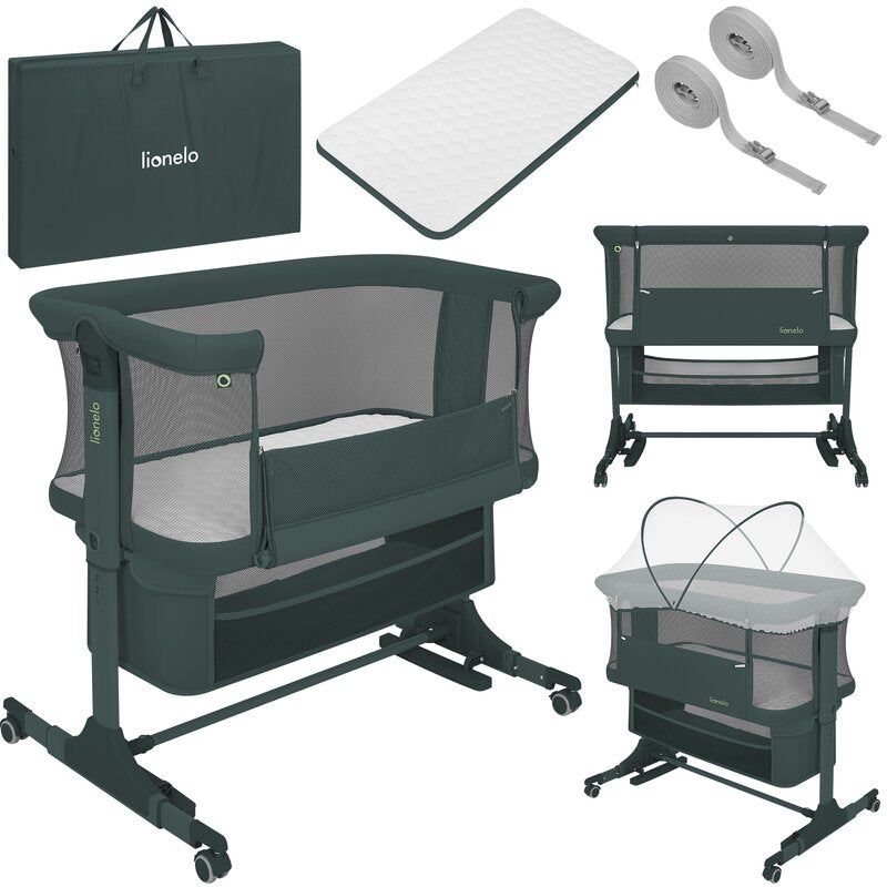 Patut co-sleeper, Lionelo, Jodie, Multifunctional, Reglabil in 6 pozitii pe inaltime, Saltea cu densitate T25, Functie de leganare, Cu plasa de tantari, Buzunar depozitare, Geanta transport, 84x48x70-80 cm, Verde inchis