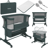 Patut co-sleeper, Lionelo, Jodie, Multifunctional, Reglabil in 6 pozitii pe inaltime, Saltea cu densitate T25, Functie de leganare, Cu plasa de tantari, Buzunar depozitare, Geanta transport, 84x48x70-80 cm, Verde inchis