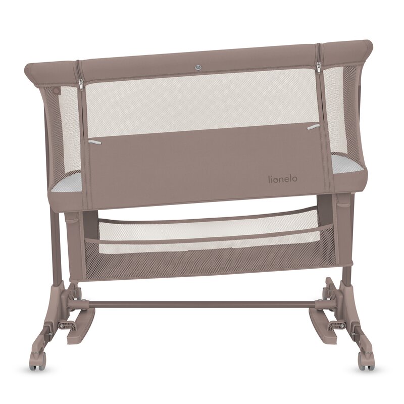 Patut co-sleeper, Lionelo, Jodie, Multifunctional, Reglabil in 6 pozitii pe inaltime, Saltea cu densitate T25, Functie de leganare, Cu plasa de tantari, Buzunar depozitare, Geanta transport, 84x48x70-80 cm, Taupe