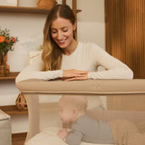 Patut co-sleeper, Lionelo, Jodie, Multifunctional, Reglabil in 6 pozitii pe inaltime, Saltea cu densitate T25, Functie de leganare, Cu plasa de tantari, Buzunar depozitare, Geanta transport, 84x48x70-80 cm, Taupe