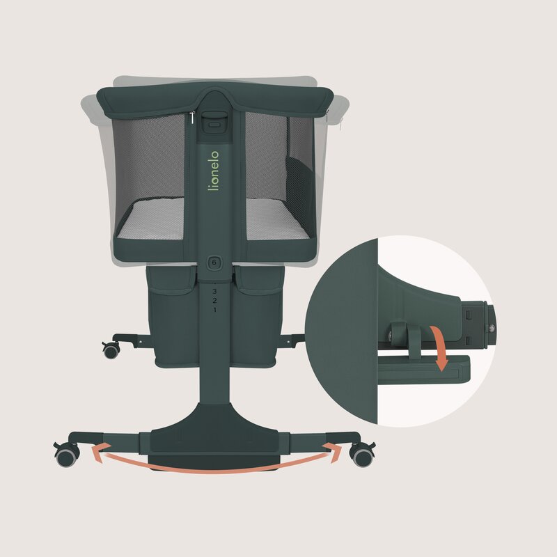 Patut co-sleeper, Lionelo, Jodie, Multifunctional, Reglabil in 6 pozitii pe inaltime, Saltea cu densitate T25, Functie de leganare, Cu plasa de tantari, Buzunar depozitare, Geanta transport, 84x48x70-80 cm, Verde inchis