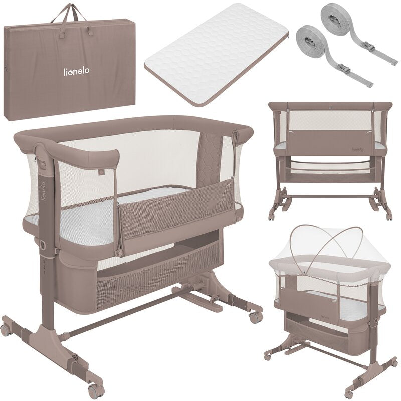 Patut co-sleeper, Lionelo, Jodie, Multifunctional, Reglabil in 6 pozitii pe inaltime, Saltea cu densitate T25, Functie de leganare, Cu plasa de tantari, Buzunar depozitare, Geanta transport, 84x48x70-80 cm, Taupe