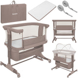 Patut co-sleeper, Lionelo, Jodie, Multifunctional, Reglabil in 6 pozitii pe inaltime, Saltea cu densitate T25, Functie de leganare, Cu plasa de tantari, Buzunar depozitare, Geanta transport, 84x48x70-80 cm, Taupe
