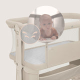 Patut co-sleeper, Lionelo, Jodie, Multifunctional, Reglabil in 6 pozitii pe inaltime, Saltea cu densitate T25, Functie de leganare, Cu plasa de tantari, Buzunar depozitare, Geanta transport, 84x48x70-80 cm, Bej