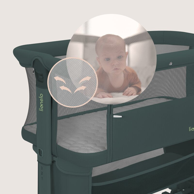 Patut co-sleeper, Lionelo, Jodie, Multifunctional, Reglabil in 6 pozitii pe inaltime, Saltea cu densitate T25, Functie de leganare, Cu plasa de tantari, Buzunar depozitare, Geanta transport, 84x48x70-80 cm, Verde inchis