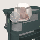 Patut co-sleeper, Lionelo, Jodie, Multifunctional, Reglabil in 6 pozitii pe inaltime, Saltea cu densitate T25, Functie de leganare, Cu plasa de tantari, Buzunar depozitare, Geanta transport, 84x48x70-80 cm, Verde inchis