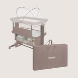 Patut co-sleeper, Lionelo, Jodie, Multifunctional, Reglabil in 6 pozitii pe inaltime, Saltea cu densitate T25, Functie de leganare, Cu plasa de tantari, Buzunar depozitare, Geanta transport, 84x48x70-80 cm, Taupe