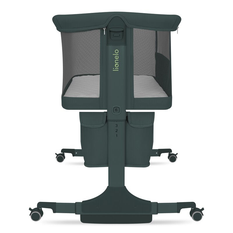 Patut co-sleeper, Lionelo, Jodie, Multifunctional, Reglabil in 6 pozitii pe inaltime, Saltea cu densitate T25, Functie de leganare, Cu plasa de tantari, Buzunar depozitare, Geanta transport, 84x48x70-80 cm, Verde inchis