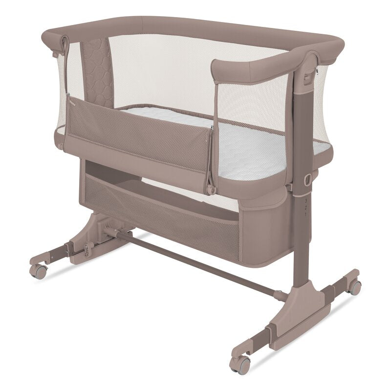 Patut co-sleeper, Lionelo, Jodie, Multifunctional, Reglabil in 6 pozitii pe inaltime, Saltea cu densitate T25, Functie de leganare, Cu plasa de tantari, Buzunar depozitare, Geanta transport, 84x48x70-80 cm, Taupe
