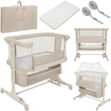Patut co-sleeper, Lionelo, Jodie, Multifunctional, Reglabil in 6 pozitii pe inaltime, Saltea cu densitate T25, Functie de leganare, Cu plasa de tantari, Buzunar depozitare, Geanta transport, 84x48x70-80 cm, Bej