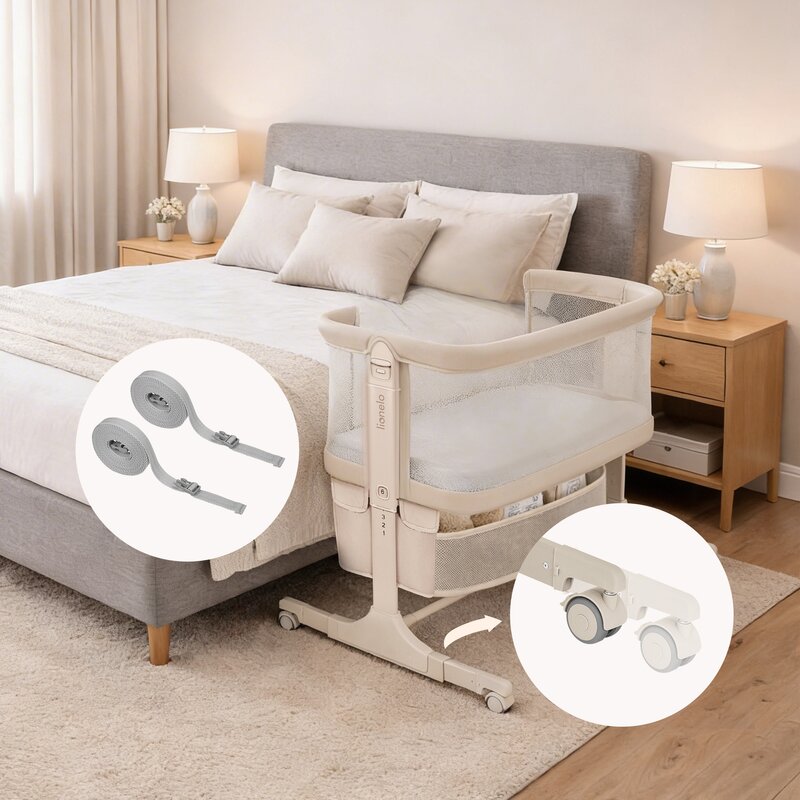Patut co-sleeper, Lionelo, Jodie, Multifunctional, Reglabil in 6 pozitii pe inaltime, Saltea cu densitate T25, Functie de leganare, Cu plasa de tantari, Buzunar depozitare, Geanta transport, 84x48x70-80 cm, Verde inchis