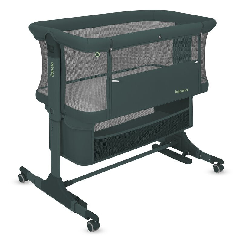 Patut co-sleeper, Lionelo, Jodie, Multifunctional, Reglabil in 6 pozitii pe inaltime, Saltea cu densitate T25, Functie de leganare, Cu plasa de tantari, Buzunar depozitare, Geanta transport, 84x48x70-80 cm, Verde inchis