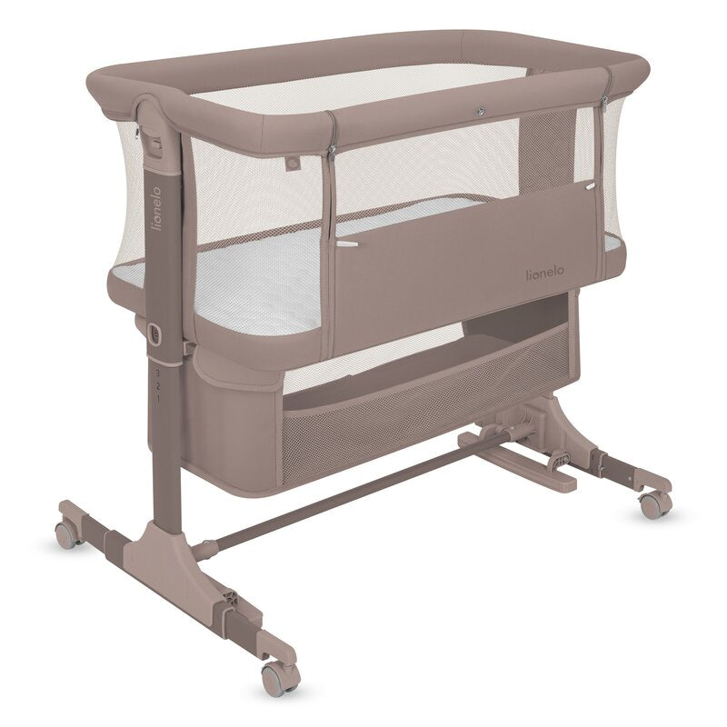 Patut co-sleeper, Lionelo, Jodie, Multifunctional, Reglabil in 6 pozitii pe inaltime, Saltea cu densitate T25, Functie de leganare, Cu plasa de tantari, Buzunar depozitare, Geanta transport, 84x48x70-80 cm, Taupe