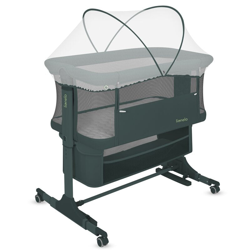 Patut co-sleeper, Lionelo, Jodie, Multifunctional, Reglabil in 6 pozitii pe inaltime, Saltea cu densitate T25, Functie de leganare, Cu plasa de tantari, Buzunar depozitare, Geanta transport, 84x48x70-80 cm, Verde inchis