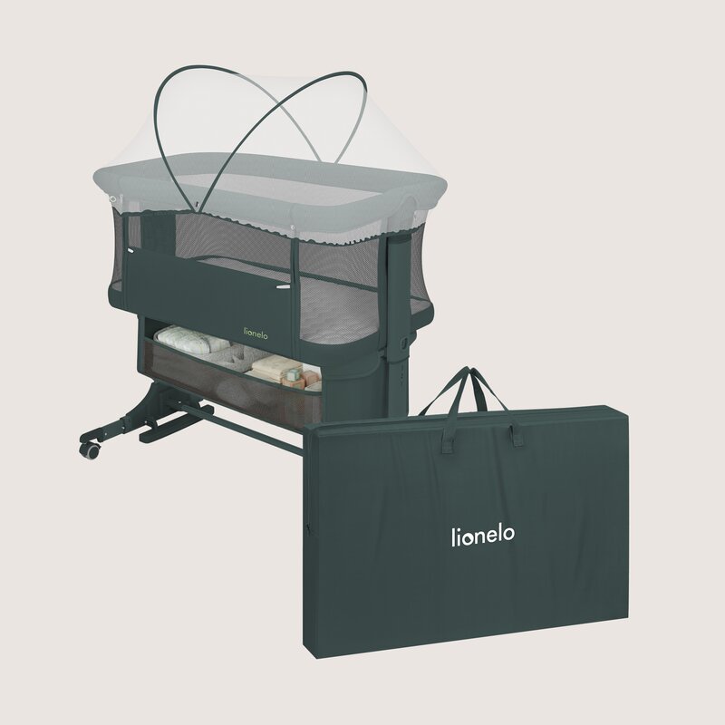 Patut co-sleeper, Lionelo, Jodie, Multifunctional, Reglabil in 6 pozitii pe inaltime, Saltea cu densitate T25, Functie de leganare, Cu plasa de tantari, Buzunar depozitare, Geanta transport, 84x48x70-80 cm, Verde inchis