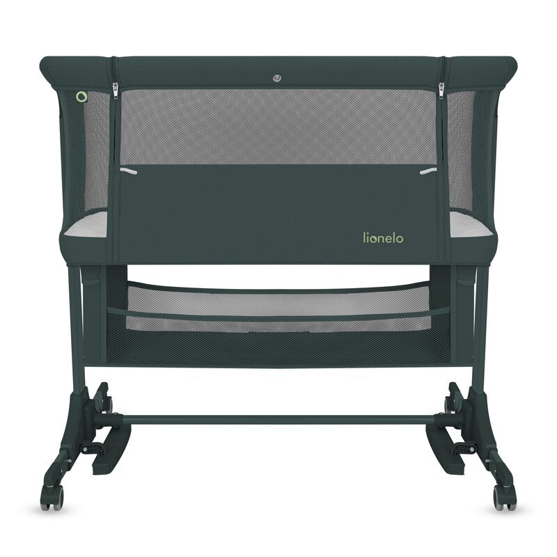 Patut co-sleeper, Lionelo, Jodie, Multifunctional, Reglabil in 6 pozitii pe inaltime, Saltea cu densitate T25, Functie de leganare, Cu plasa de tantari, Buzunar depozitare, Geanta transport, 84x48x70-80 cm, Verde inchis