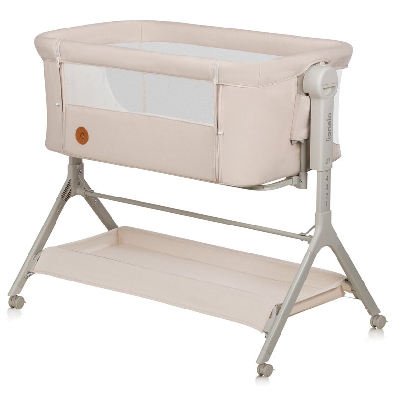 Patut co-sleeper, Lionelo, Leonie Plus, Pliabil, Cu sistem de leganare, Cu setare unghiulara, Reglabil in 6 pozitii pe inaltime, Conform cu standardele europeane de securitate EN1130 si EN16890, Bej