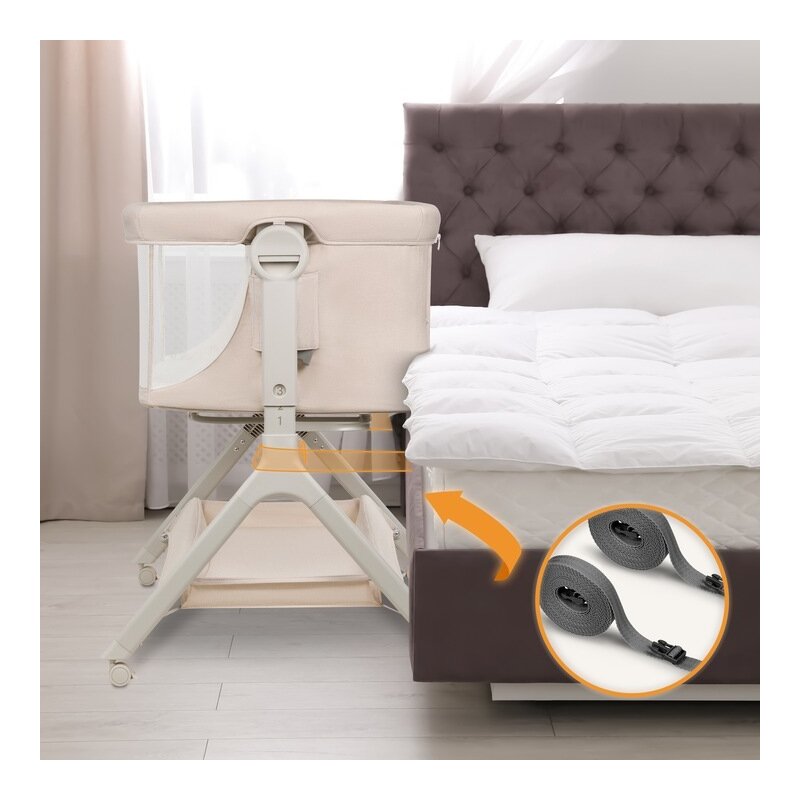 Patut co-sleeper, Lionelo, Leonie Plus, Pliabil, Cu sistem de leganare, Cu setare unghiulara, Reglabil in 6 pozitii pe inaltime, Conform cu standardele europeane de securitate EN1130 si EN16890, Bej