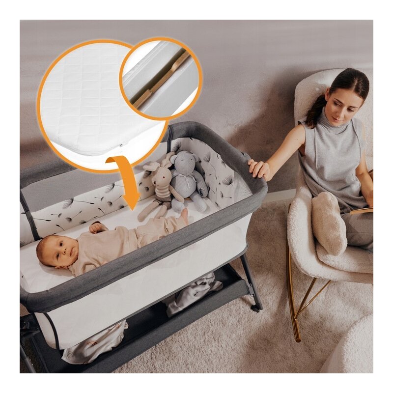 Patut co-sleeper, Lionelo, Leonie Plus, Pliabil, Cu sistem de leganare, Cu setare unghiulara, Reglabil in 6 pozitii pe inaltime, Conform cu standardele europeane de securitate EN1130 si EN16890, Bej