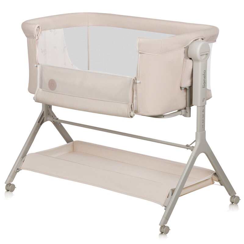 Patut co-sleeper, Lionelo, Leonie Plus, Pliabil, Cu sistem de leganare, Cu setare unghiulara, Reglabil in 6 pozitii pe inaltime, Conform cu standardele europeane de securitate EN1130 si EN16890, Bej
