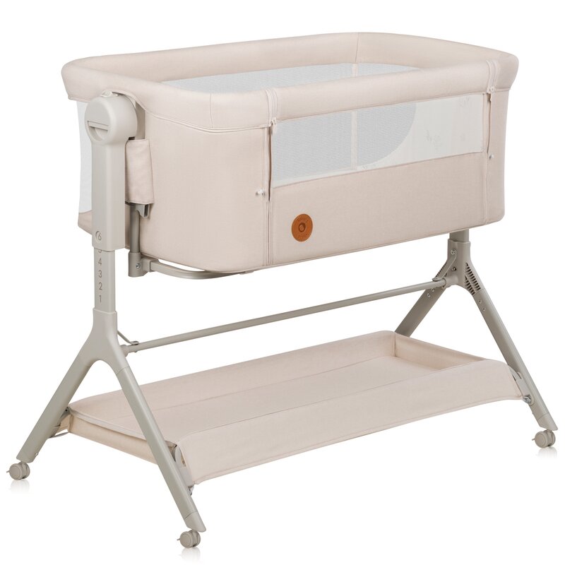 Patut co-sleeper, Lionelo, Leonie Plus, Pliabil, Cu sistem de leganare, Cu setare unghiulara, Reglabil in 6 pozitii pe inaltime, Conform cu standardele europeane de securitate EN1130 si EN16890, Bej
