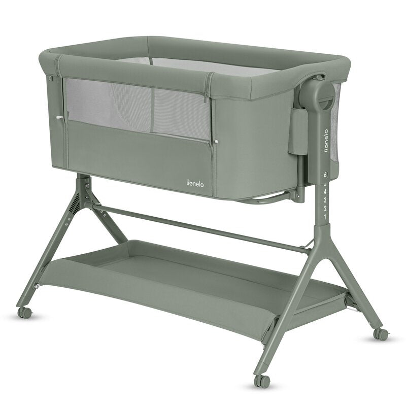 Patut co-sleeper, Lionelo, Leonie Plus, Pliabil, Cu sistem de leganare, Cu setare unghiulara, Reglabil in 6 pozitii pe inaltime, Conform cu standardele europeane de securitate EN1130 si EN16890, Verde