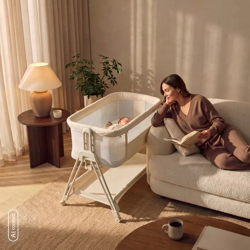 Patut co-sleeper, Lionelo, Luna Close&Cosy, 2 in 1, Cu laterala culisanta, Cu setare unghiulara, Cu roti, Reglabil in 6 pozitii pe inaltime, Alb