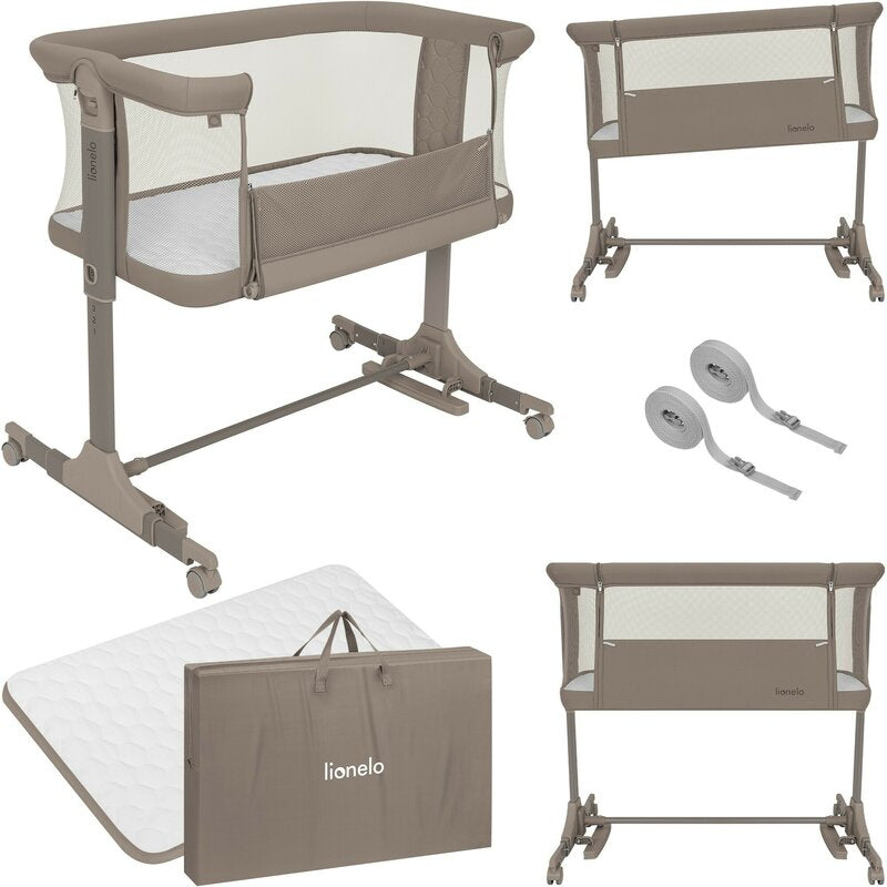 Patut co-sleeper, Lionelo, Pari, Multifunctional, Cu leganare, Reglabil in 6 pozitii pe inaltime, Saltea cu densitate T25, Geanta transport, 84x48x70-80 cm, Taupe - gogobaby.ro