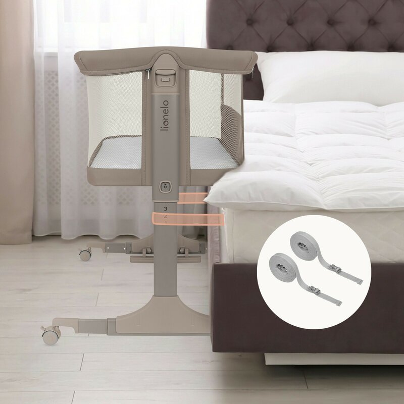 Patut co-sleeper, Lionelo, Pari, Multifunctional, Cu leganare, Reglabil in 6 pozitii pe inaltime, Saltea cu densitate T25, Geanta transport, 84x48x70-80 cm, Taupe - gogobaby.ro