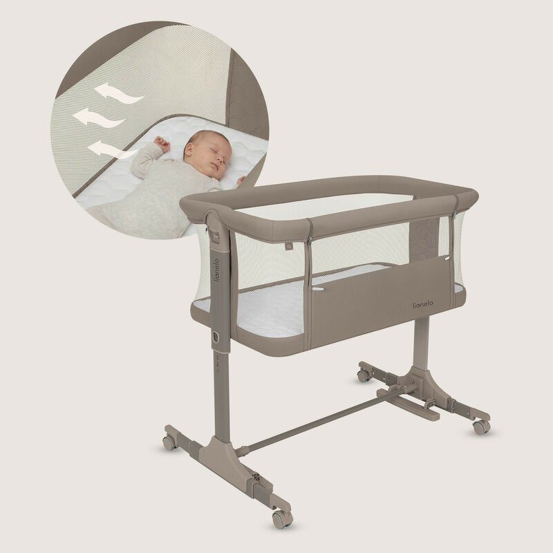 Patut co-sleeper, Lionelo, Pari, Multifunctional, Cu leganare, Reglabil in 6 pozitii pe inaltime, Saltea cu densitate T25, Geanta transport, 84x48x70-80 cm, Taupe