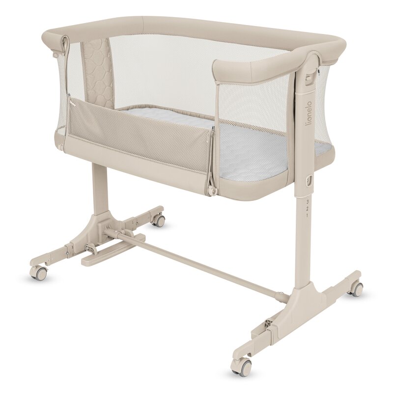 Patut co-sleeper, Lionelo, Pari, Multifunctional, Cu leganare, Reglabil in 6 pozitii pe inaltime, Saltea cu densitate T25, Geanta transport, 84x48x70-80 cm, Bej