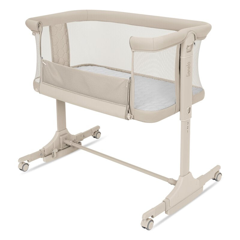 Patut co-sleeper, Lionelo, Pari, Multifunctional, Cu leganare, Reglabil in 6 pozitii pe inaltime, Saltea cu densitate T25, Geanta transport, 84x48x70-80 cm, Bej