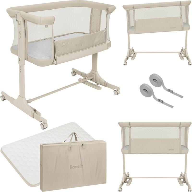 Patut co-sleeper, Lionelo, Pari, Multifunctional, Cu leganare, Reglabil in 6 pozitii pe inaltime, Saltea cu densitate T25, Geanta transport, 84x48x70-80 cm, Bej