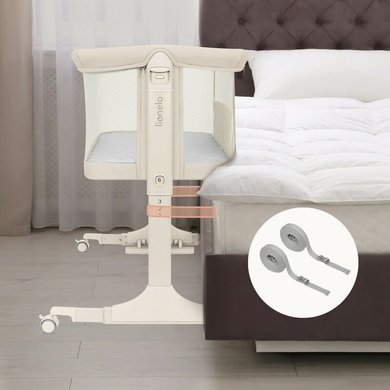Patut co-sleeper, Lionelo, Pari, Multifunctional, Cu leganare, Reglabil in 6 pozitii pe inaltime, Saltea cu densitate T25, Geanta transport, 84x48x70-80 cm, Bej