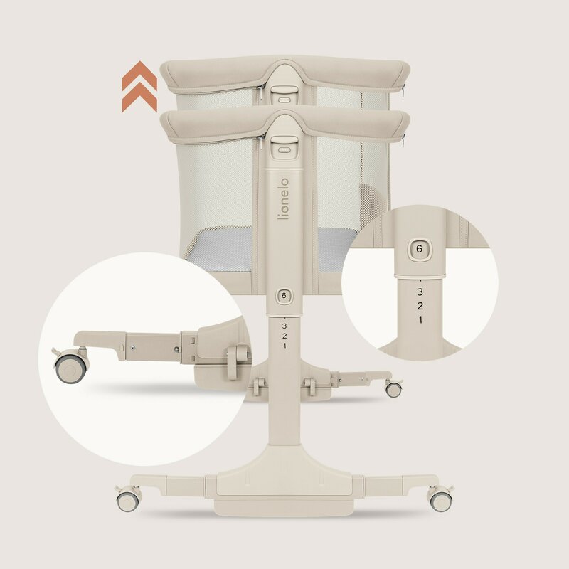 Patut co-sleeper, Lionelo, Pari, Multifunctional, Cu leganare, Reglabil in 6 pozitii pe inaltime, Saltea cu densitate T25, Geanta transport, 84x48x70-80 cm, Bej