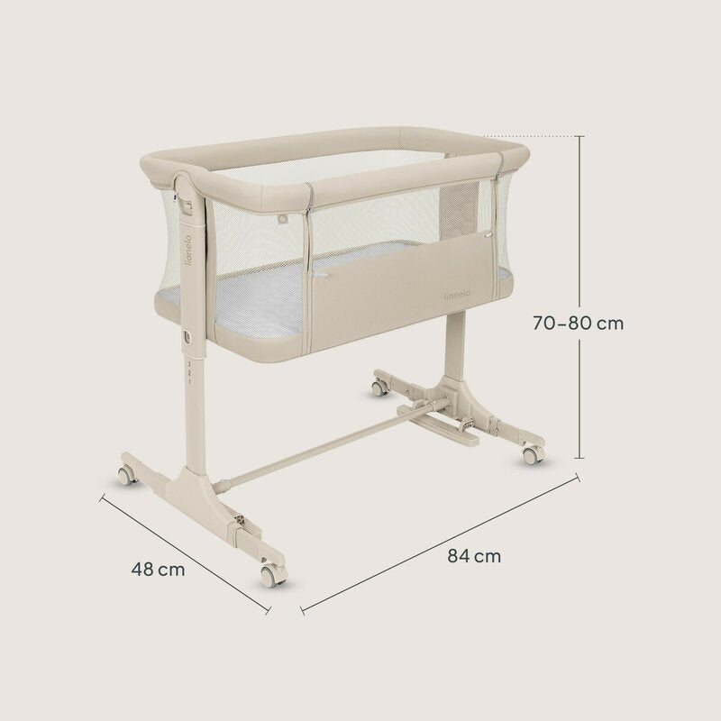 Patut co-sleeper, Lionelo, Pari, Multifunctional, Cu leganare, Reglabil in 6 pozitii pe inaltime, Saltea cu densitate T25, Geanta transport, 84x48x70-80 cm, Bej