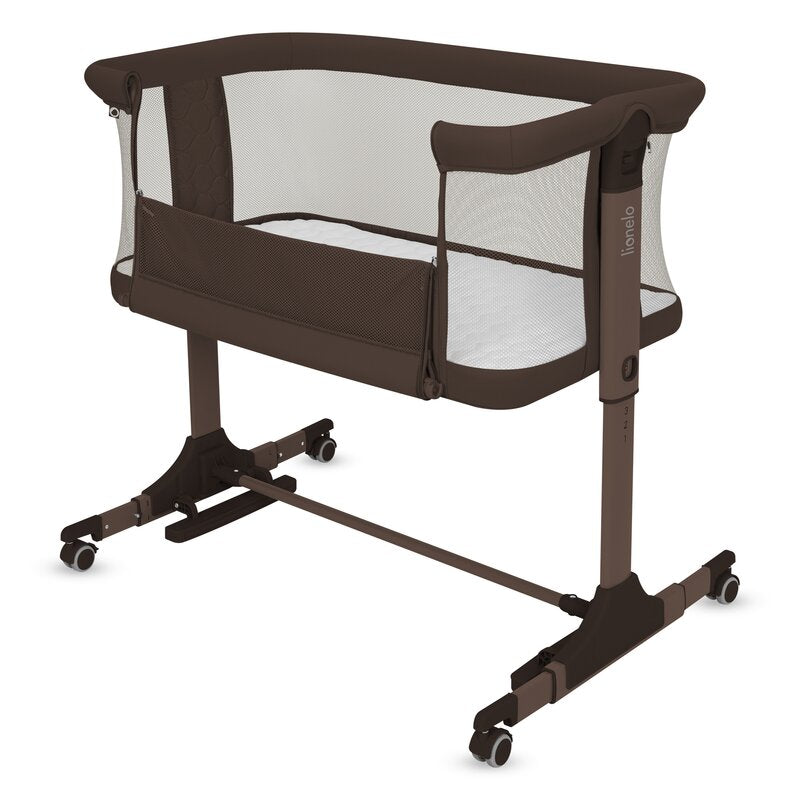 Patut co-sleeper, Lionelo, Pari, Multifunctional, Cu leganare, Reglabil in 6 pozitii pe inaltime, Saltea cu densitate T25, Geanta transport, 84x48x70-80 cm, Maro