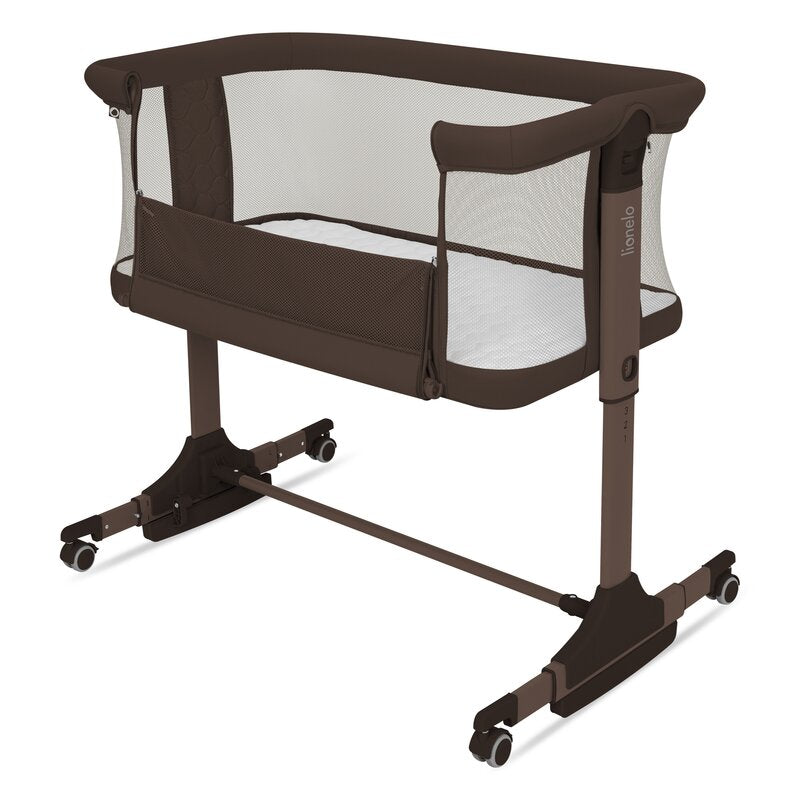 Patut co-sleeper, Lionelo, Pari, Multifunctional, Cu leganare, Reglabil in 6 pozitii pe inaltime, Saltea cu densitate T25, Geanta transport, 84x48x70-80 cm, Maro