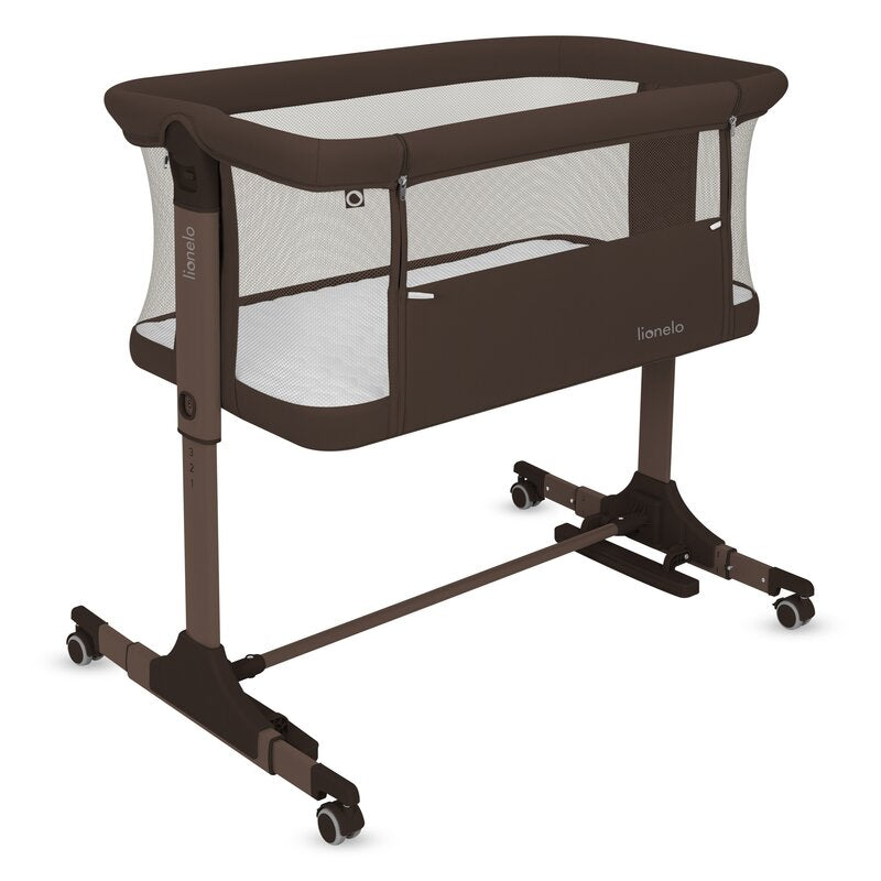 Patut co-sleeper, Lionelo, Pari, Multifunctional, Cu leganare, Reglabil in 6 pozitii pe inaltime, Saltea cu densitate T25, Geanta transport, 84x48x70-80 cm, Maro