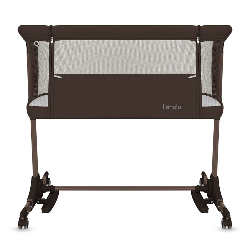 Patut co-sleeper, Lionelo, Pari, Multifunctional, Cu leganare, Reglabil in 6 pozitii pe inaltime, Saltea cu densitate T25, Geanta transport, 84x48x70-80 cm, Maro