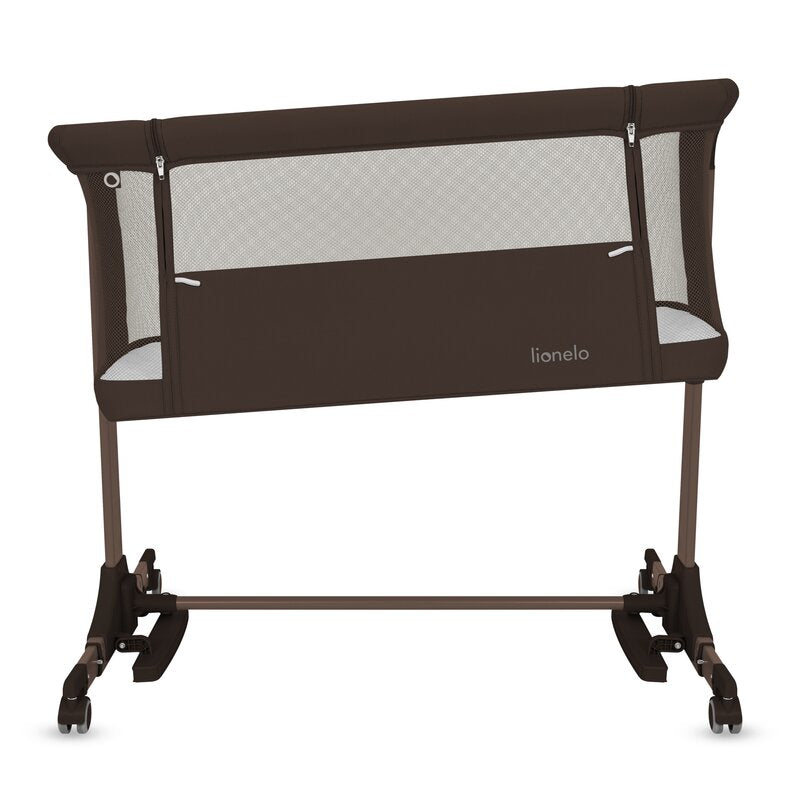 Patut co-sleeper, Lionelo, Pari, Multifunctional, Cu leganare, Reglabil in 6 pozitii pe inaltime, Saltea cu densitate T25, Geanta transport, 84x48x70-80 cm, Maro