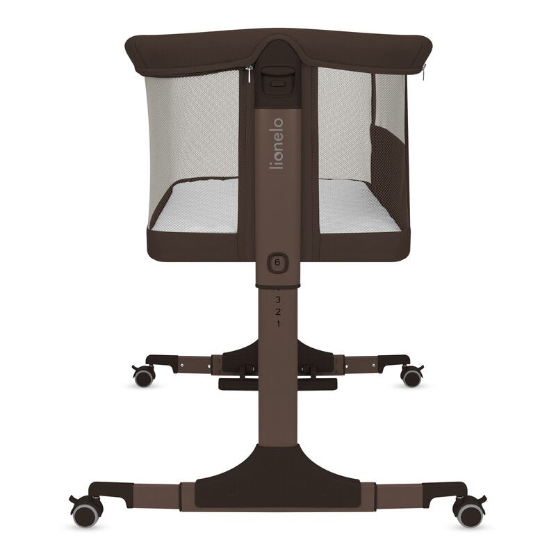 Patut co-sleeper, Lionelo, Pari, Multifunctional, Cu leganare, Reglabil in 6 pozitii pe inaltime, Saltea cu densitate T25, Geanta transport, 84x48x70-80 cm, Maro