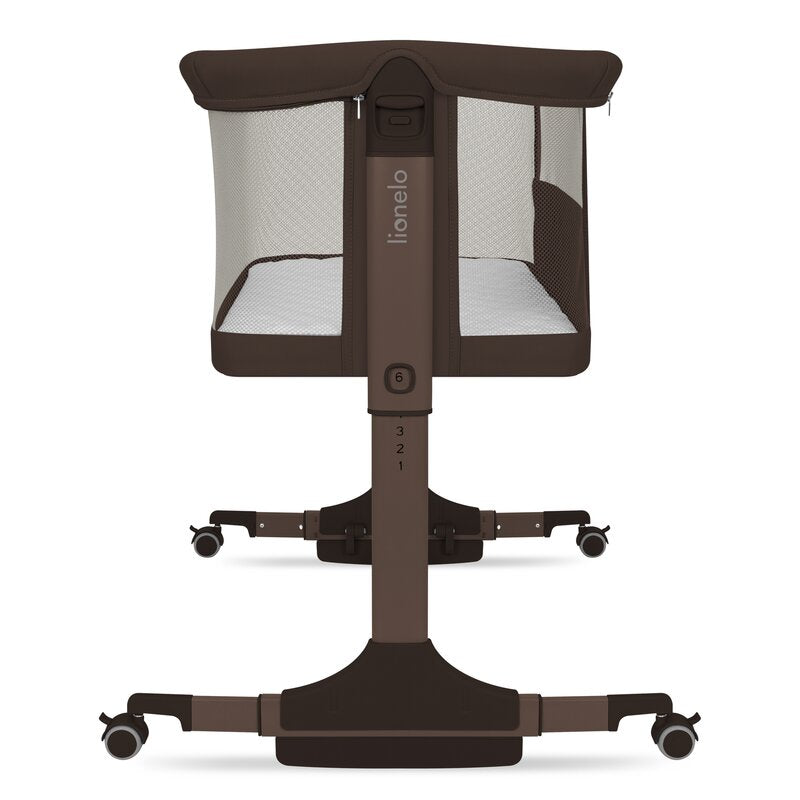 Patut co-sleeper, Lionelo, Pari, Multifunctional, Cu leganare, Reglabil in 6 pozitii pe inaltime, Saltea cu densitate T25, Geanta transport, 84x48x70-80 cm, Maro