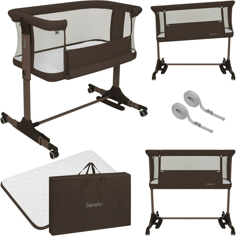 Patut co-sleeper, Lionelo, Pari, Multifunctional, Cu leganare, Reglabil in 6 pozitii pe inaltime, Saltea cu densitate T25, Geanta transport, 84x48x70-80 cm, Maro